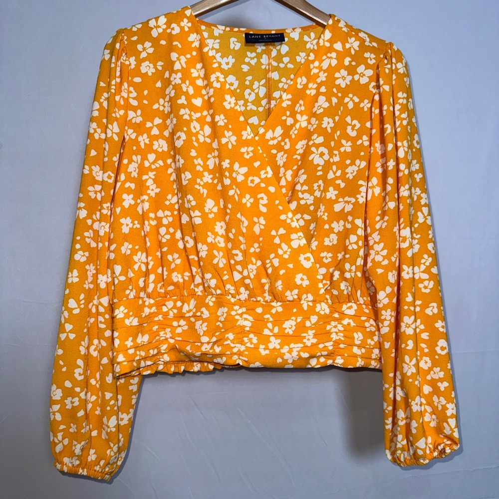 Lane Bryant Orange Floral Smocked Waist Wrap Blouse Top‎ Womens Plus 16 L/S